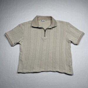 Zara Polo Shirt Womens Small Beige Knit Half Zip Short Sleeve Striped Top